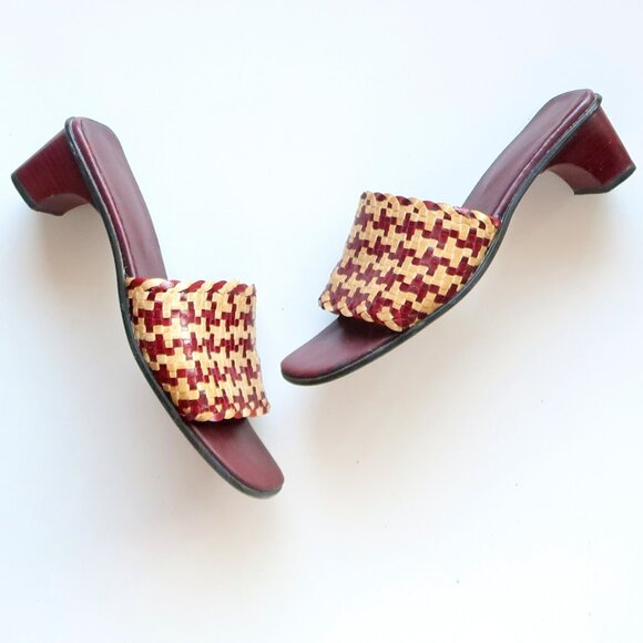 Handcrafted Burgundy Raffia Block Heel Mule Sandals Woven Boho Summer Shoes 7 - Picture 4 of 16
